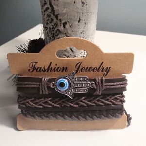 Men's leather‎ bracelets set layered braided brown New b4